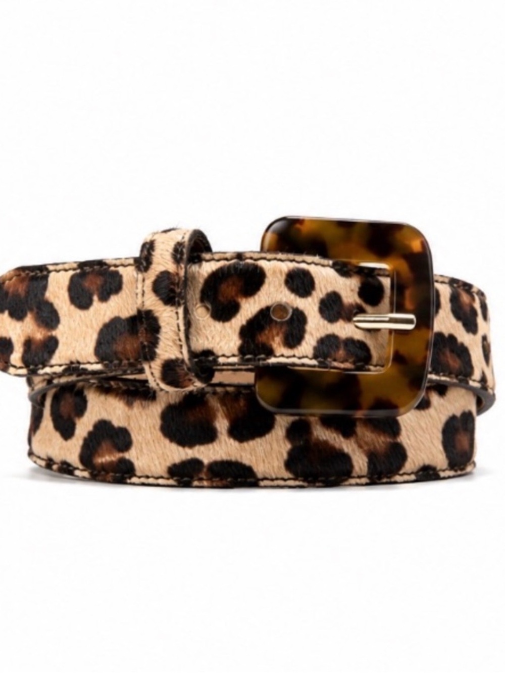 Real leather leopard print calf pony hair Avignon belt Tortoise Shell Buckle